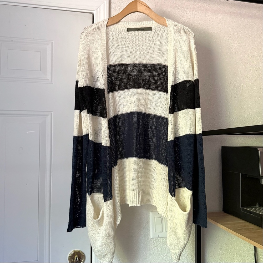 ENZA COSTA ivory navy black striped cotton linen nylon open crochet‎ cardigan